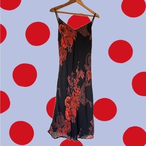 Vintage Y2K Black and Red Floral Beaded Midi Slip Dress